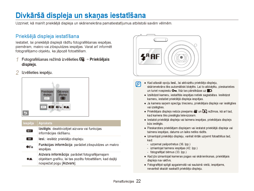 Samsung EC-ST550ZBPGRU, EC-ST550ZBPORU Divkāršā displeja un skaņas iestatīšana, Priekšējā displeja iestatīšana, Displejs 