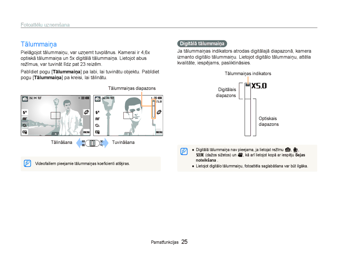 Samsung EC-ST550ZBPORU, EC-ST550ZBPGRU manual Tālummaiņa, Fotoattēlu uzņemšana, DigitƗlƗ tƗlummaiƼa, Optiskais diapazons 