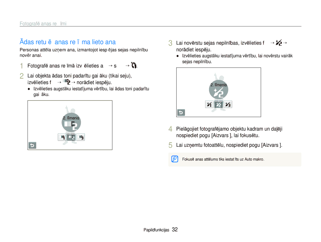 Samsung EC-ST550ZBPGRU manual Ādas retušēšanas režīma lietošana, Izvēlieties f ““ ““norādiet iespēju, Norādiet iespēju 