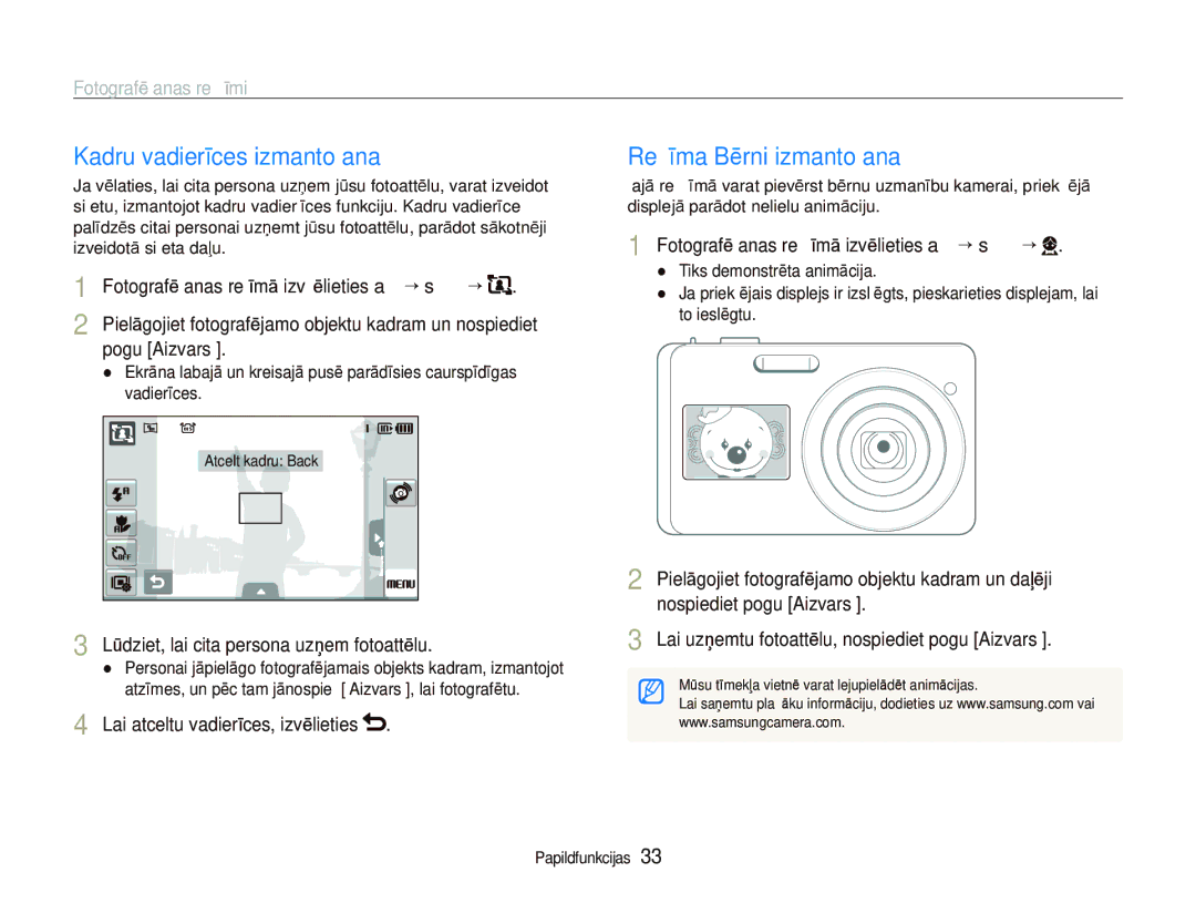 Samsung EC-ST550ZBPORU, EC-ST550ZBPGRU manual Kadru vadierīces izmantošana, Režīma Bērni izmantošana 