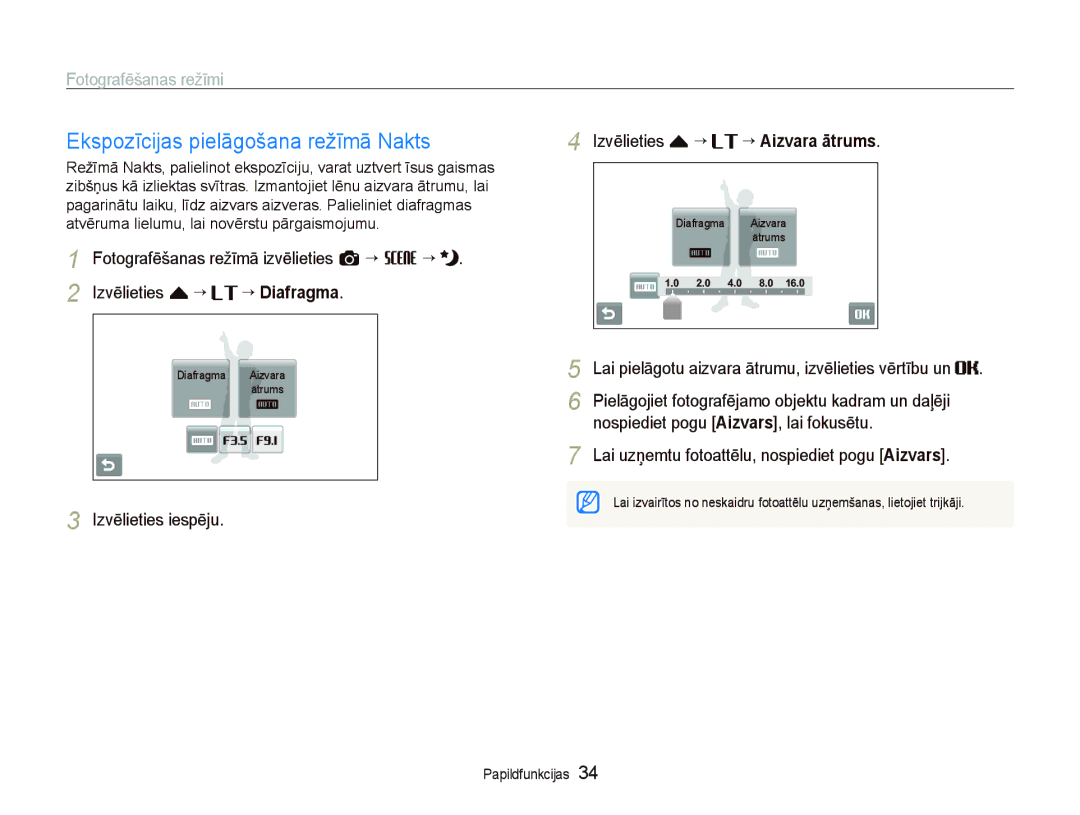 Samsung EC-ST550ZBPGRU manual Ekspozīcijas pielāgošana režīmā Nakts, Izvēlieties iespēju Izvēlieties f “ ““Aizvara Ɨtrums 