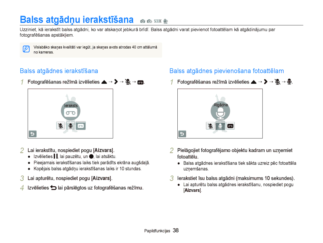 Samsung EC-ST550ZBPGRU, EC-ST550ZBPORU manual Balss atgƗdƼu ierakstƯšana a p s d, Balss atgādnes ierakstīšana 