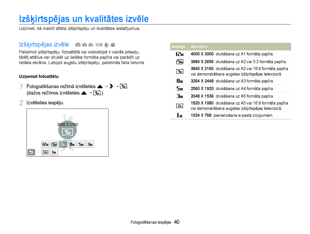 Samsung EC-ST550ZBPGRU manual IzšƷirtspƝjas un kvalitƗtes izvƝle, Izšķirtspējas izvēle S a p s d, UzƼemot fotoattƝlu 