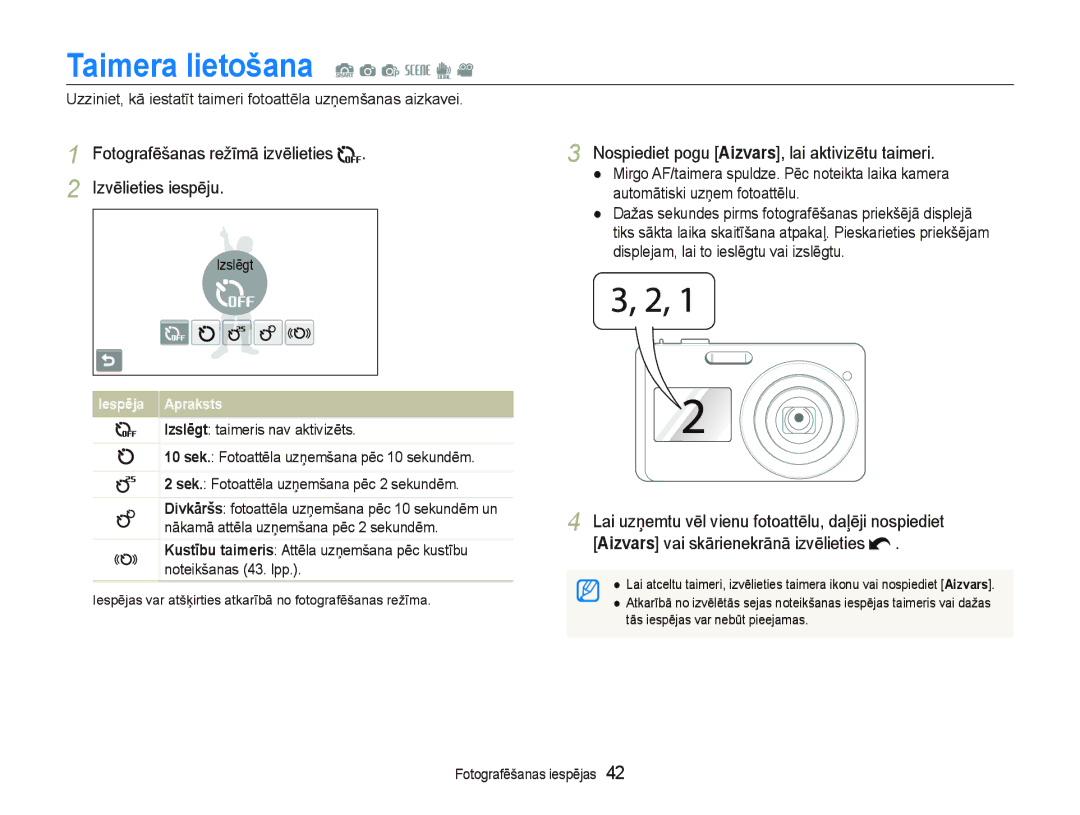 Samsung EC-ST550ZBPGRU, EC-ST550ZBPORU manual Taimera lietošana S a p s d, Nospiediet pogu Aizvars, lai aktivizētu taimeri 