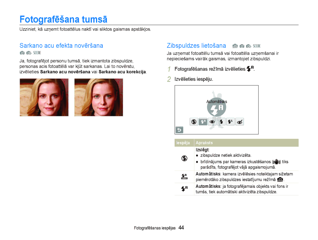 Samsung EC-ST550ZBPGRU manual FotografƝšana tumsƗ, Sarkano acu efekta novēršana, Zibspuldzes lietošana S a p s, IzslƝgt 