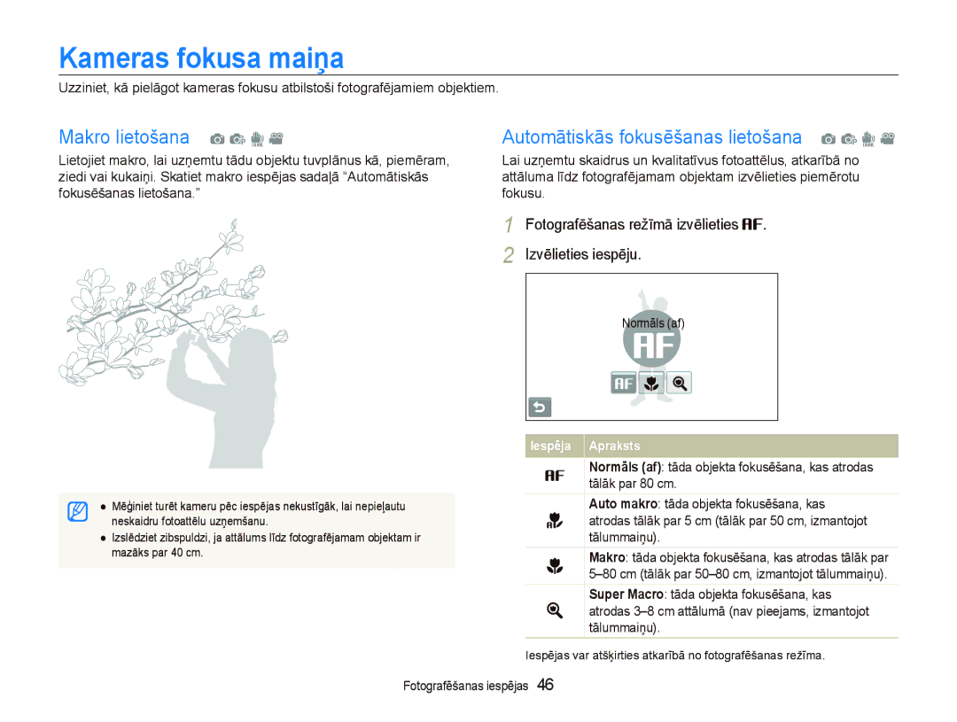 Samsung EC-ST550ZBPGRU, EC-ST550ZBPORU manual Kameras fokusa maiƼa, Fotografēšanas režīmā izvēlieties 