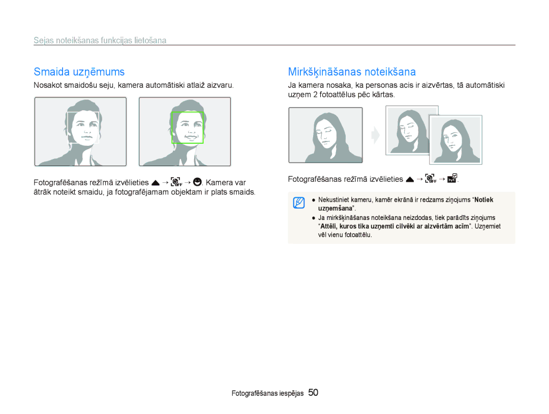 Samsung EC-ST550ZBPGRU, EC-ST550ZBPORU Smaida uzņēmums, Mirkšķināšanas noteikšana, Sejas noteikšanas funkcijas lietošana 