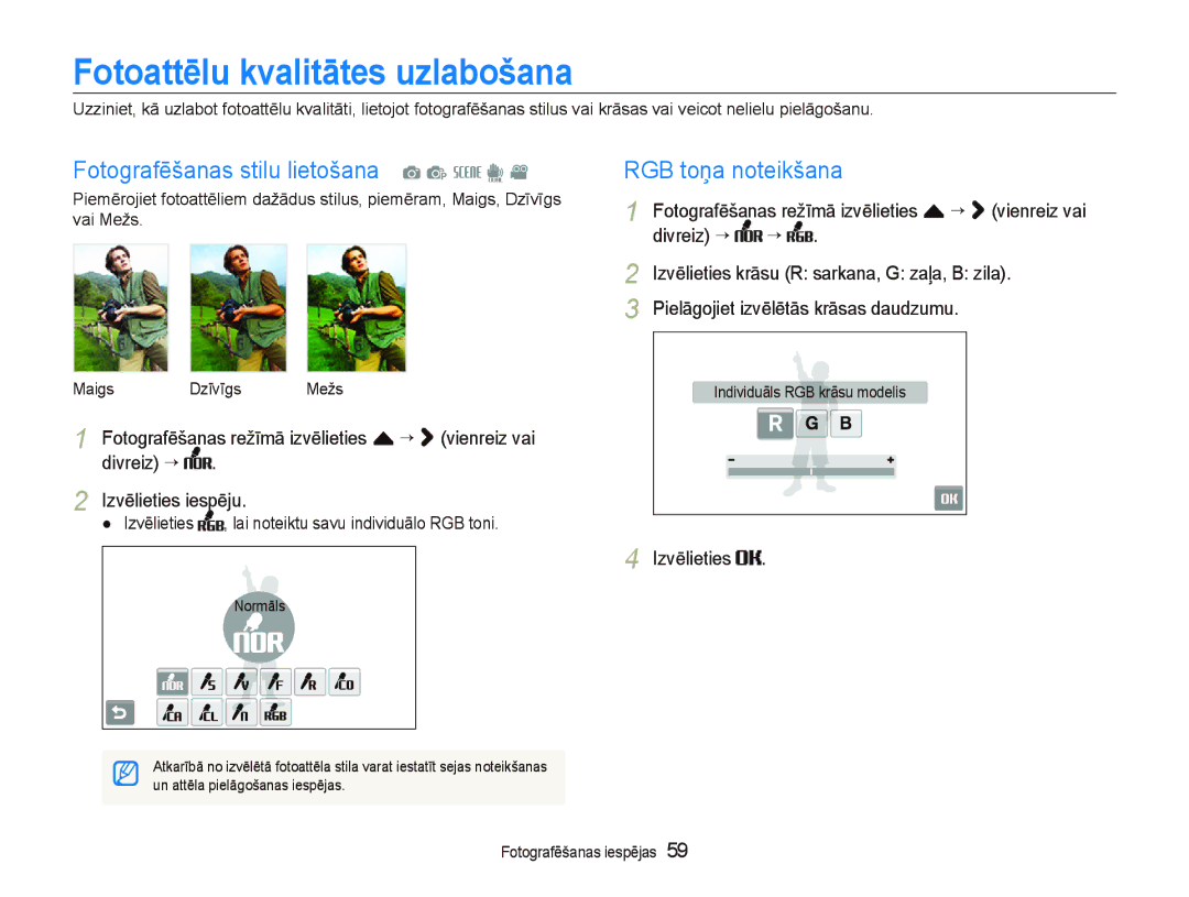 Samsung EC-ST550ZBPORU manual FotoattƝlu kvalitƗtes uzlabošana, Fotografēšanas stilu lietošana a p s d, RGB toņa noteikšana 