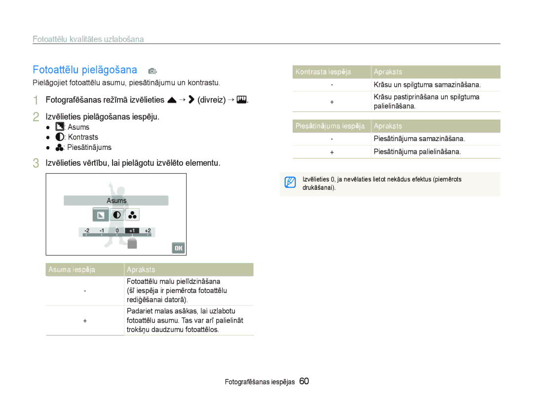 Samsung EC-ST550ZBPGRU manual Fotoattēlu pielāgošana p, Fotoattēlu kvalitātes uzlabošana, Piesātinājuma samazināšana 