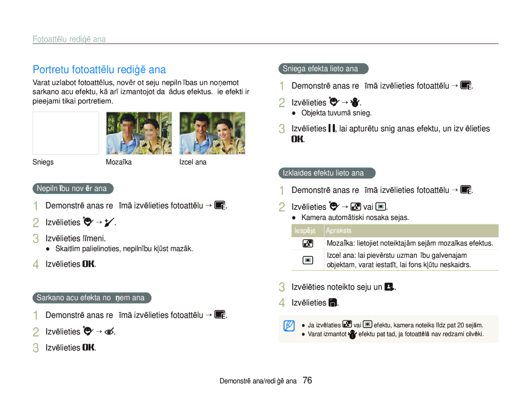 Samsung EC-ST550ZBPGRU manual Portretu fotoattēlu rediģēšana, Izvēlieties , lai apturētu snigšanas efektu, un izvēlieties 