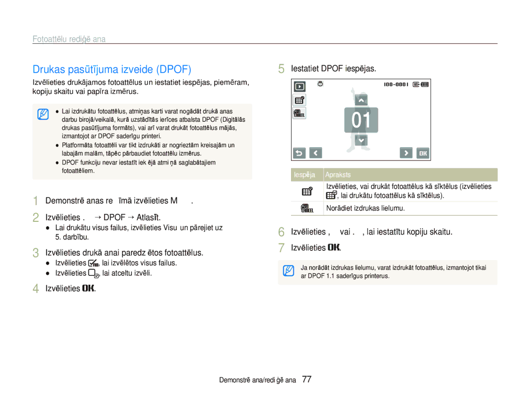 Samsung EC-ST550ZBPORU, EC-ST550ZBPGRU manual Drukas pasūtījuma izveide Dpof, Izvēlieties drukāšanai paredzētos fotoattēlus 