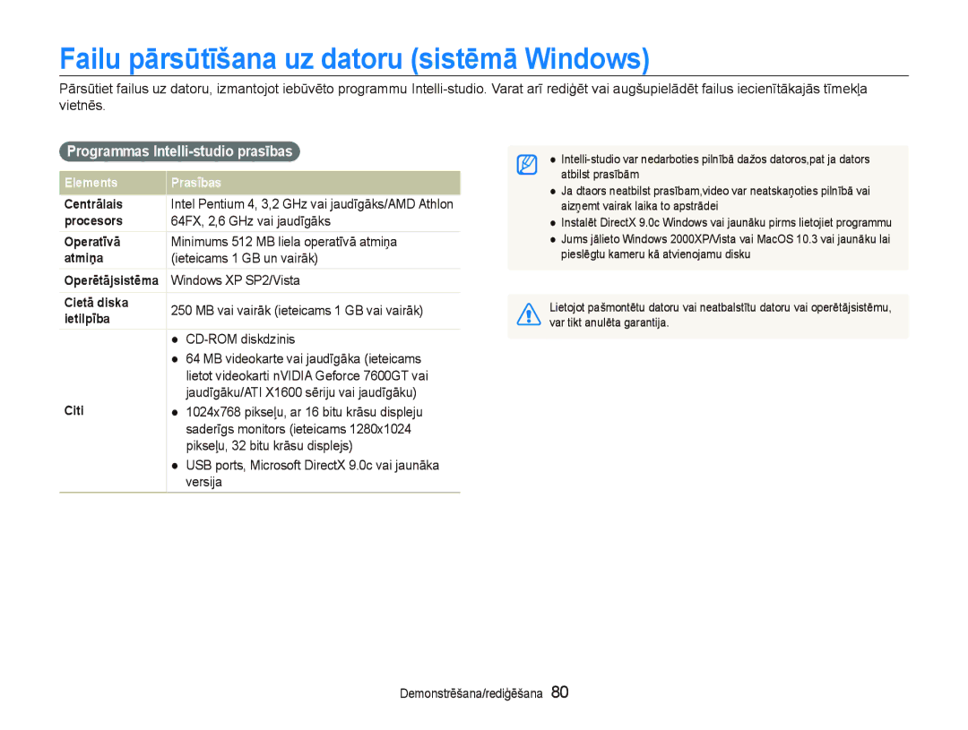 Samsung EC-ST550ZBPGRU, EC-ST550ZBPORU Failu pƗrsǌtƯšana uz datoru sistƝmƗ Windows, Programmas Intelli-studio prasƯbas 