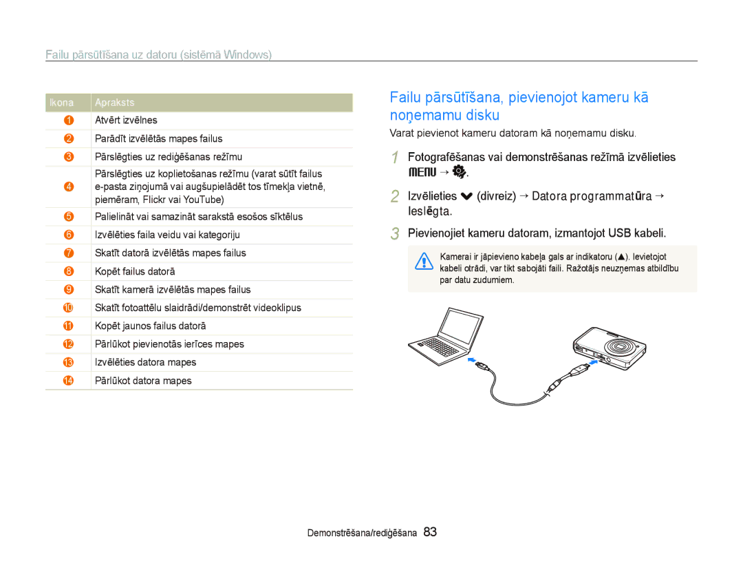 Samsung EC-ST550ZBPORU, EC-ST550ZBPGRU manual Failu pārsūtīšana, pievienojot kameru kā noņemamu disku, Ieslēgta 