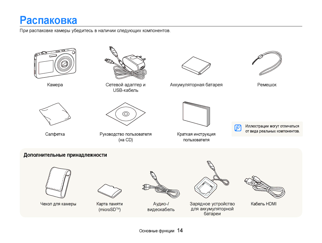 Samsung EC-ST600ZBPBE2, EC-ST600ZBPGRU, EC-ST600ZBPBRU, EC-ST600ZBPPRU manual Распаковка, Дополнительные принадлежности 