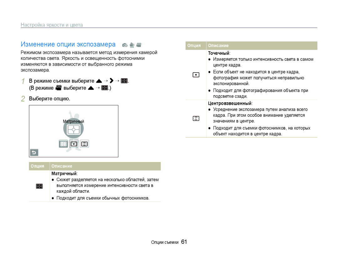 Samsung EC-ST600ZBPBRU manual Изменение опции экспозамера p d, Режиме съемки выберите f “ “, Режиме v выберите f “ 