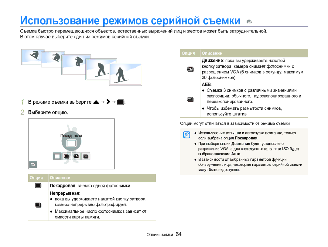 Samsung EC-ST600ZBPBE2, EC-ST600ZBPGRU, EC-ST600ZBPBRU, EC-ST600ZBPPRU Использование режимов серийной съемки p, Непрерывная 