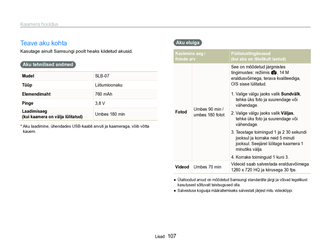 Samsung EC-ST600ZBPBE2 manual Teave aku kohta, Aku tehnilised andmed, Aku eluiga 