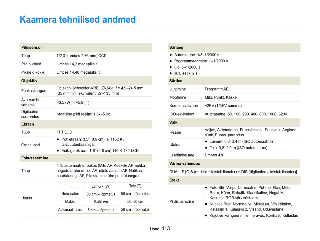 Samsung EC-ST600ZBPBE2 manual Kaamera tehnilised andmed, Pildisensor 