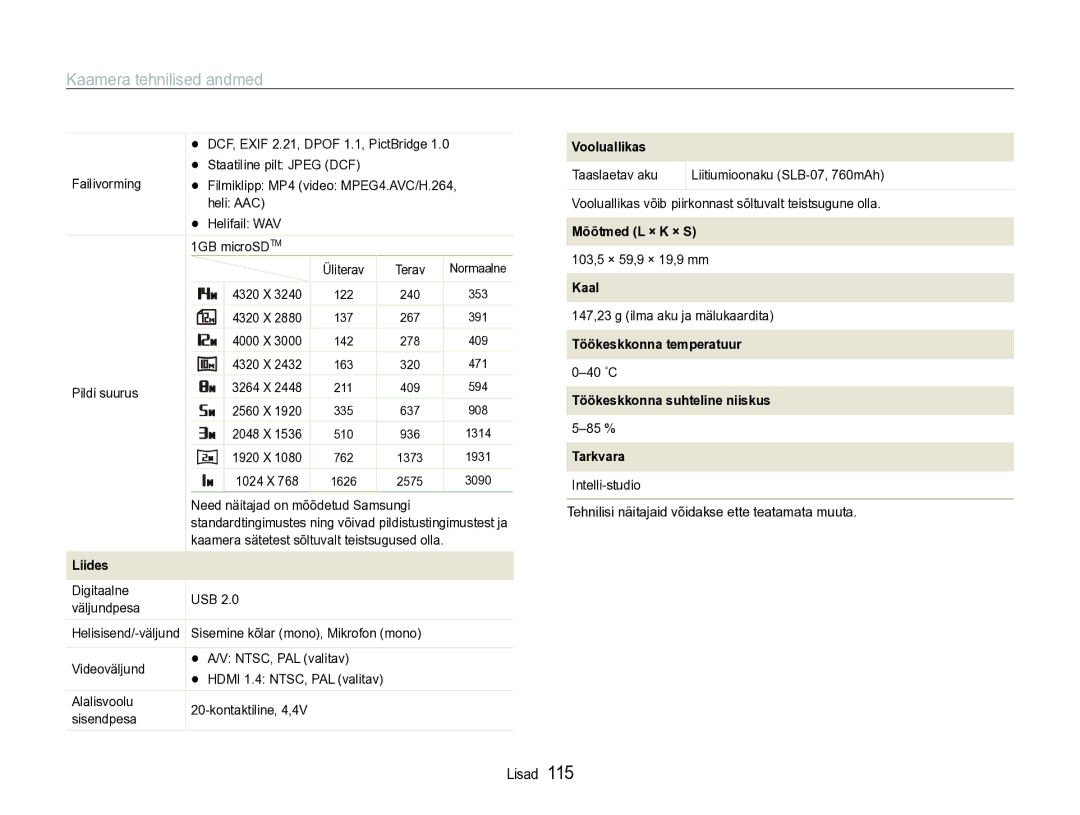 Samsung EC-ST600ZBPBE2 manual Mõõtmed L × K × S 