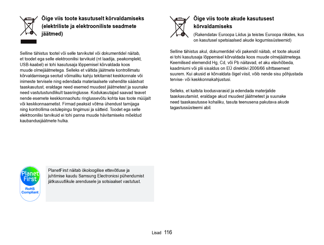 Samsung EC-ST600ZBPBE2 manual Õige viis toote akude kasutusest kõrvaldamiseks 