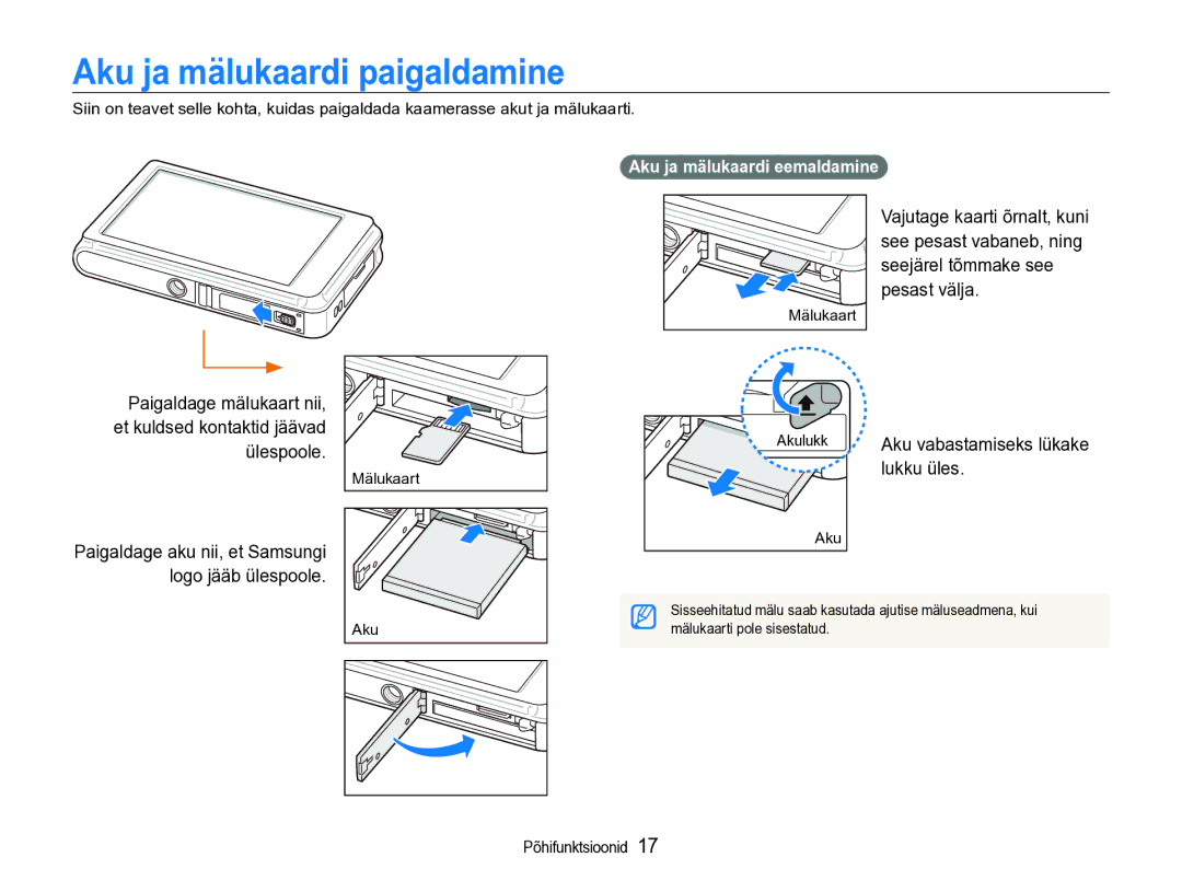 Samsung EC-ST600ZBPBE2 manual Aku ja mälukaardi paigaldamine, Lukku üles, Aku ja mälukaardi eemaldamine 