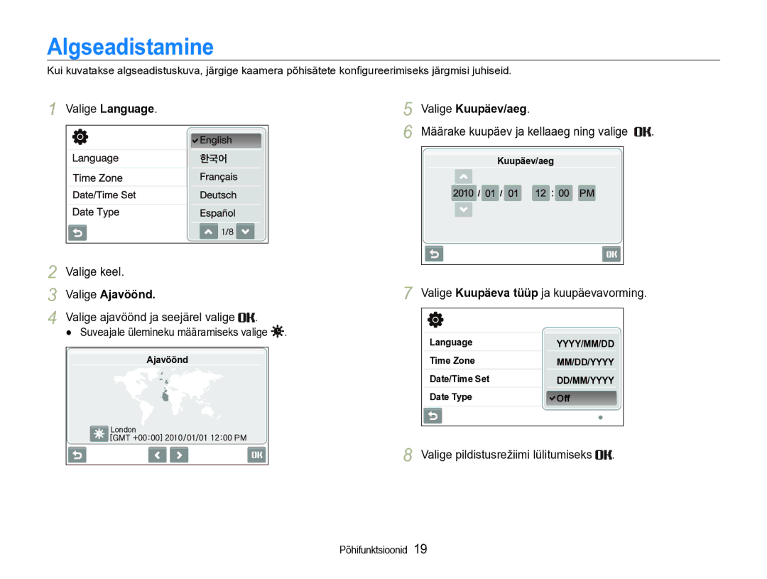 Samsung EC-ST600ZBPBE2 manual Algseadistamine, Valige Ajavöönd, Valige Kuupäev/aeg 