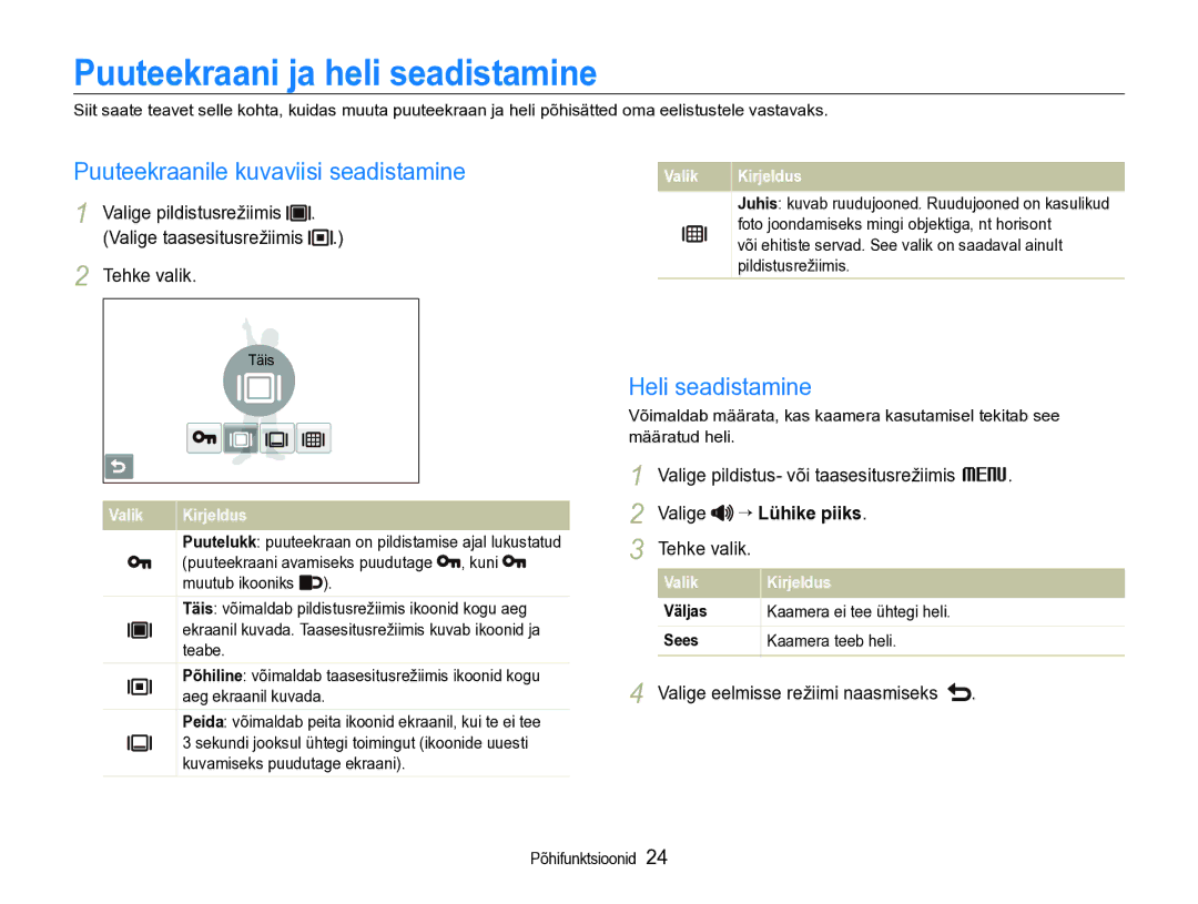 Samsung EC-ST600ZBPBE2 manual Puuteekraani ja heli seadistamine, Puuteekraanile kuvaviisi seadistamine, Heli seadistamine 