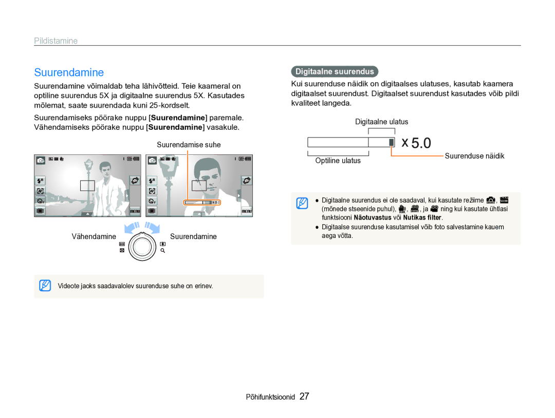 Samsung EC-ST600ZBPBE2 manual Suurendamise suhe Vähendamine Suurendamine, Digitaalne suurendus, Optiline ulatus 