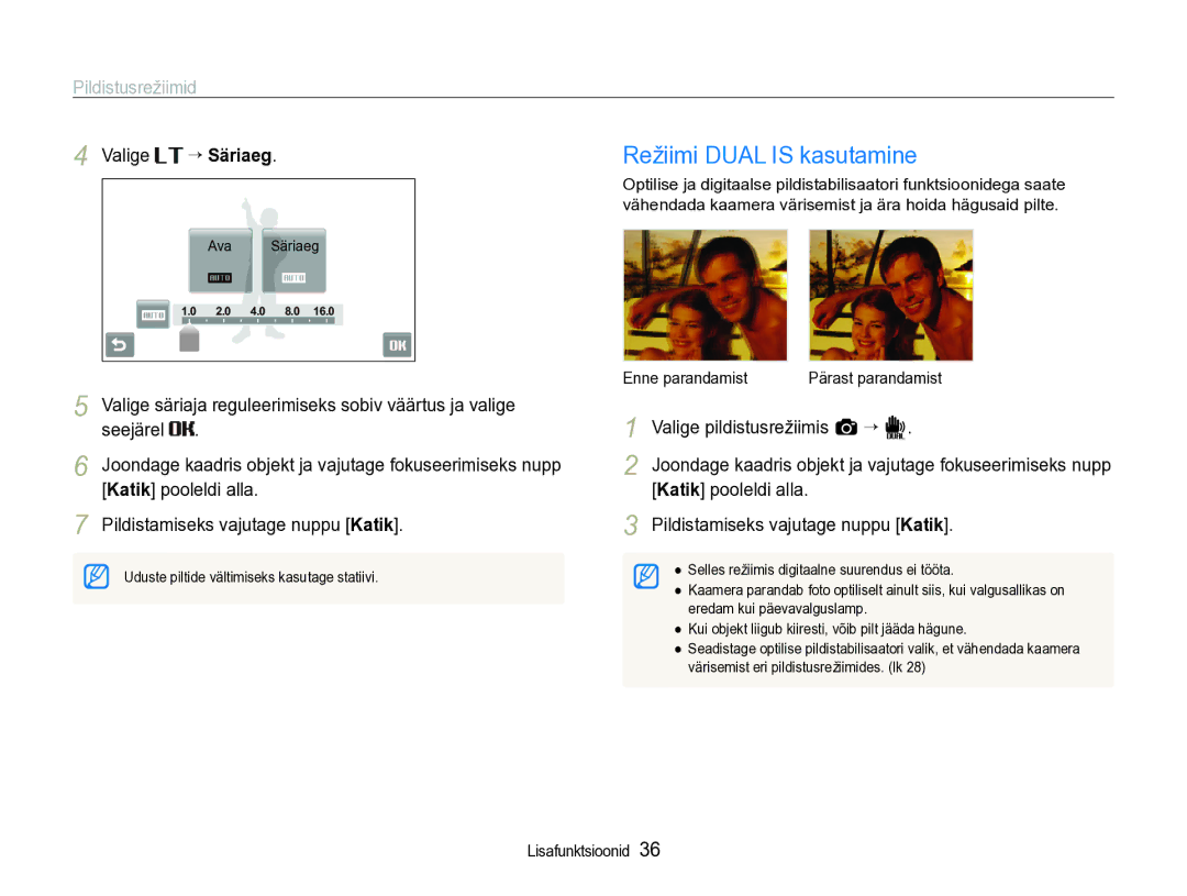 Samsung EC-ST600ZBPBE2 manual Valige ““Säriaeg, Seejärel, Katik pooleldi alla, Valige pildistusrežiimis a ““d 