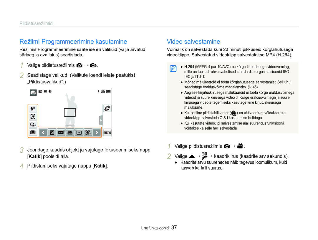 Samsung EC-ST600ZBPBE2 manual Režiimi Programmeerimine kasutamine 