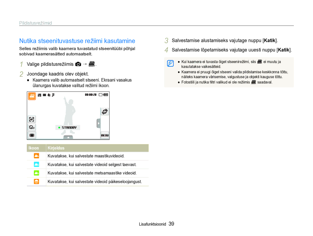 Samsung EC-ST600ZBPBE2 manual Nutika stseenituvastuse režiimi kasutamine 