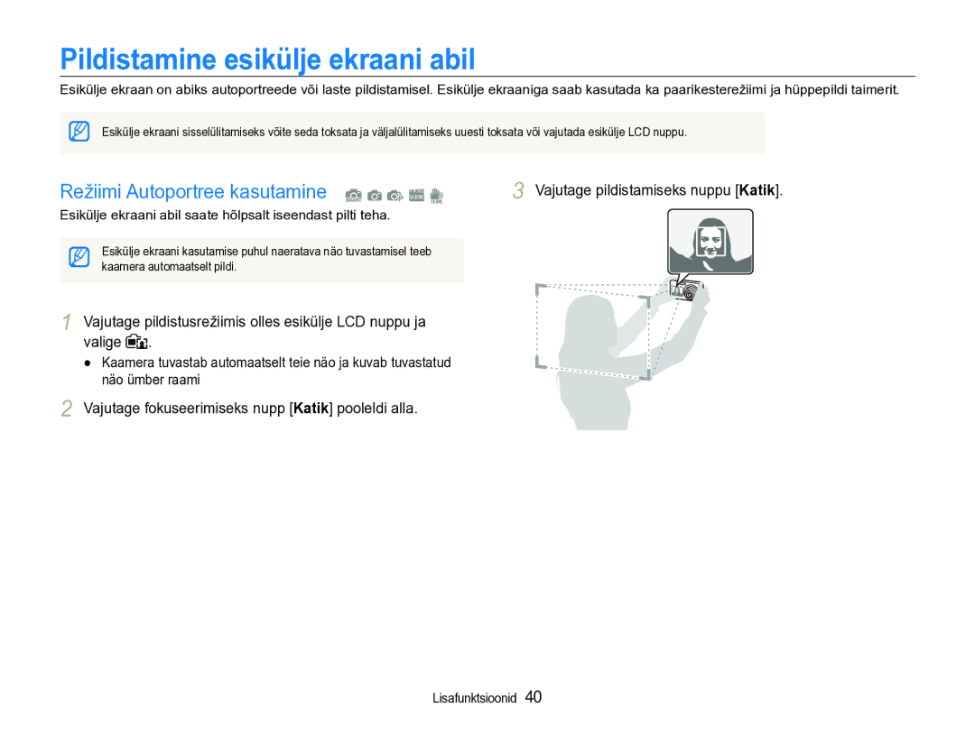Samsung EC-ST600ZBPBE2 manual Pildistamine esikülje ekraani abil, Režiimi Autoportree kasutamine S a p s d 