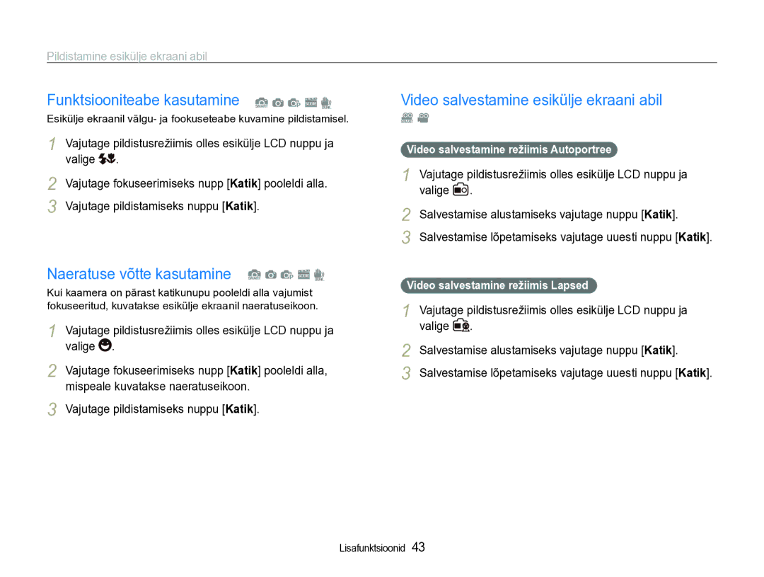 Samsung EC-ST600ZBPBE2 manual Funktsiooniteabe kasutamine S a p s d, Naeratuse võtte kasutamine S a p s d 