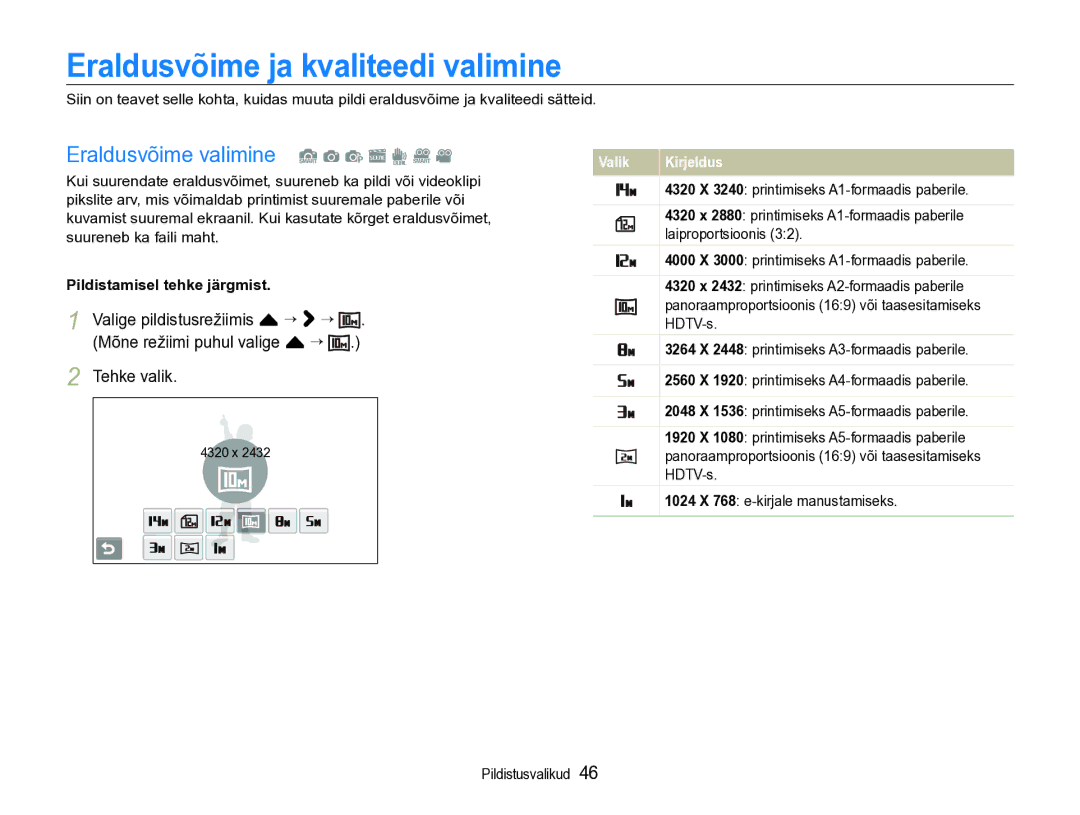 Samsung EC-ST600ZBPBE2 manual Eraldusvõime ja kvaliteedi valimine, Eraldusvõime valimine S a p s d D 