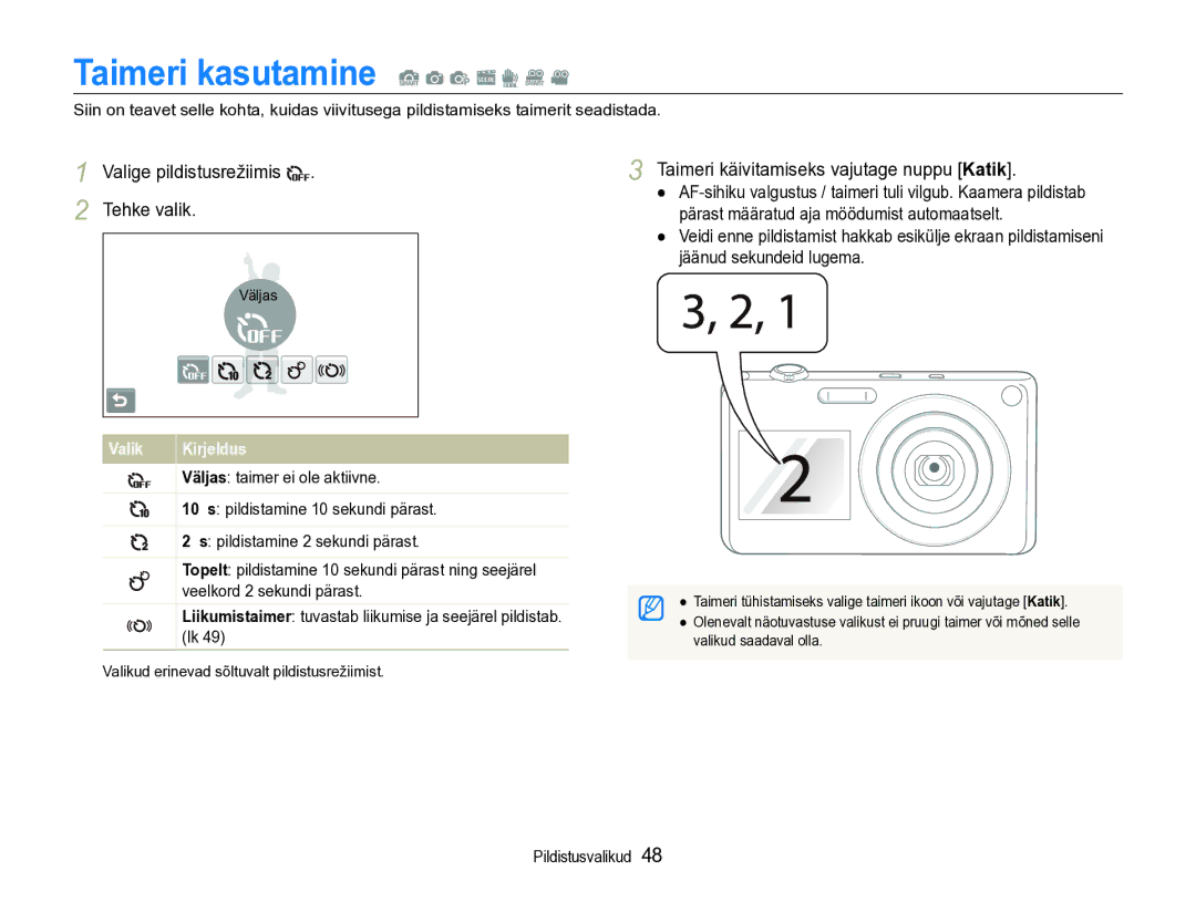 Samsung EC-ST600ZBPBE2 manual Taimeri kasutamine S a p s d D, Valige pildistusrežiimis Tehke valik 