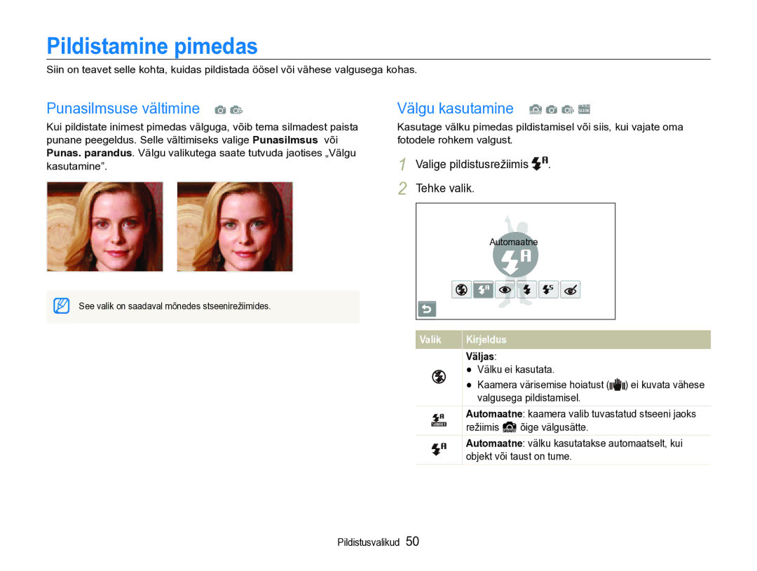 Samsung EC-ST600ZBPBE2 manual Pildistamine pimedas, Punasilmsuse vältimine a p, Välgu kasutamine S a p s, Väljas 