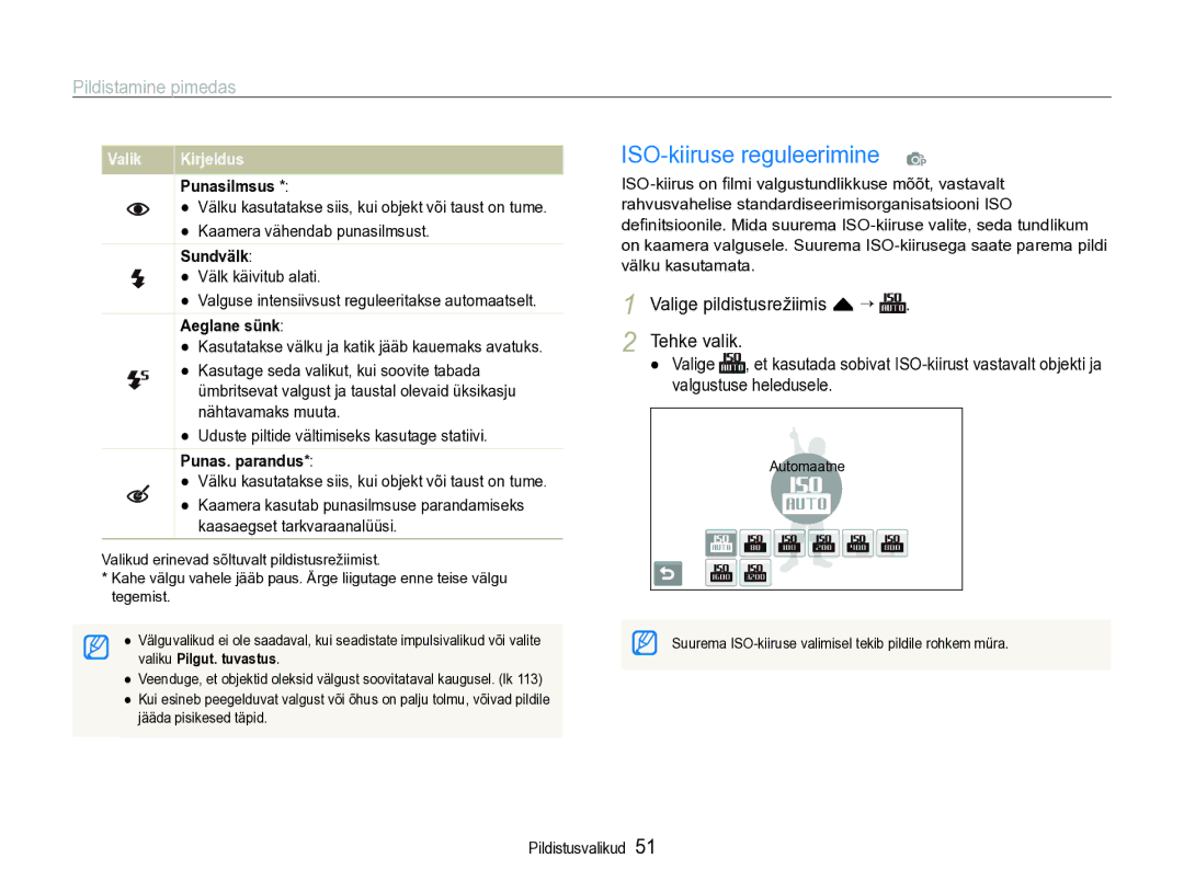 Samsung EC-ST600ZBPBE2 manual ISO-kiiruse reguleerimine p, Pildistamine pimedas, Valige pildistusrežiimis f “ Tehke valik 