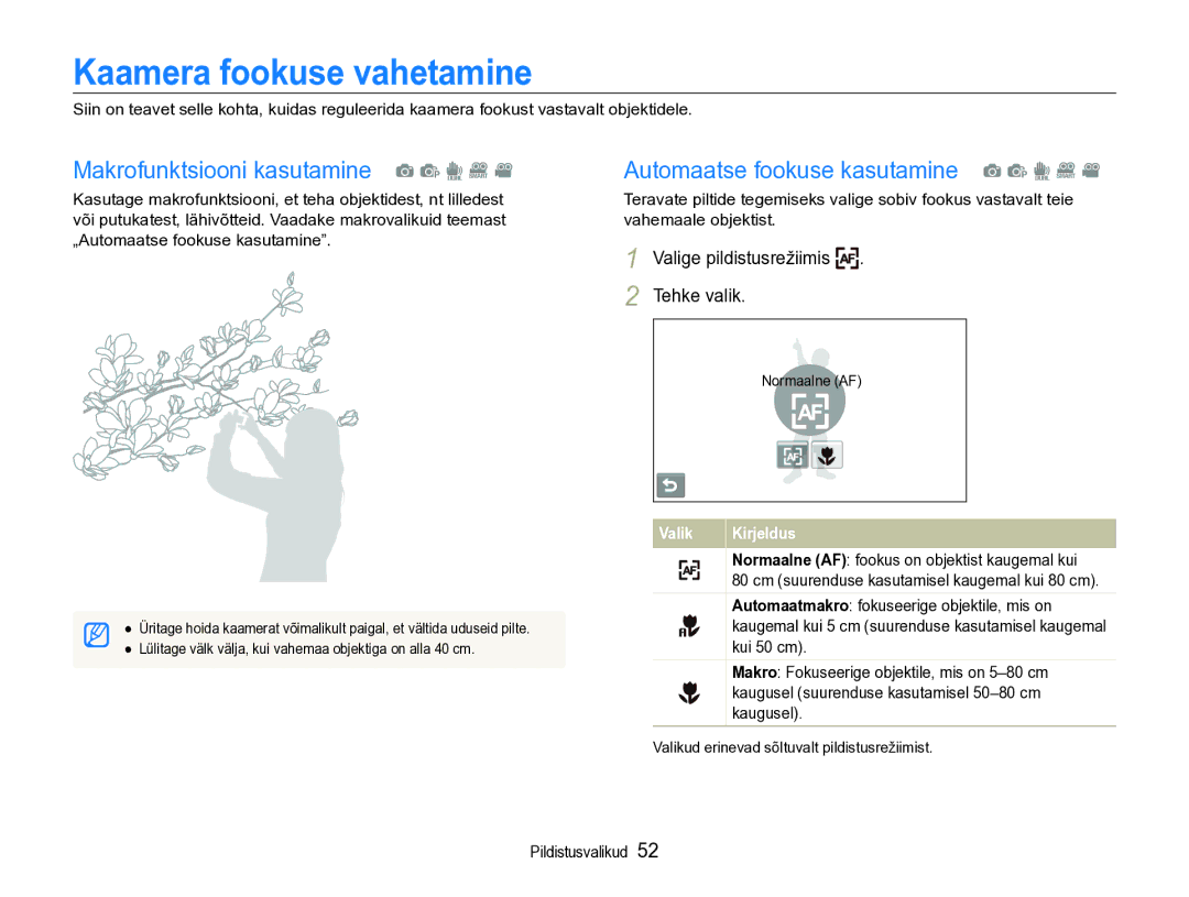 Samsung EC-ST600ZBPBE2 manual Kaamera fookuse vahetamine, Valige pildistusrežiimis 