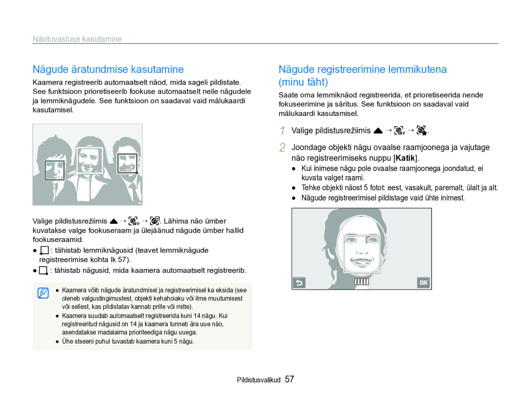 Samsung EC-ST600ZBPBE2 manual Nägude äratundmise kasutamine, Nägude registreerimine lemmikutena minu täht 