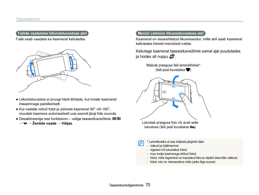 Samsung EC-ST600ZBPBE2 manual Taasesitamine, Failide vaatamine liikumistuvastuse abil, “ . ““Žestide vaade “ Väljas 