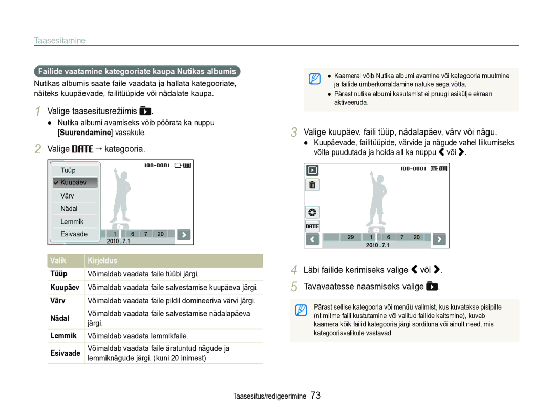 Samsung EC-ST600ZBPBE2 manual Valige “ kategooria, Valige kuupäev, faili tüüp, nädalapäev, värv või nägu 