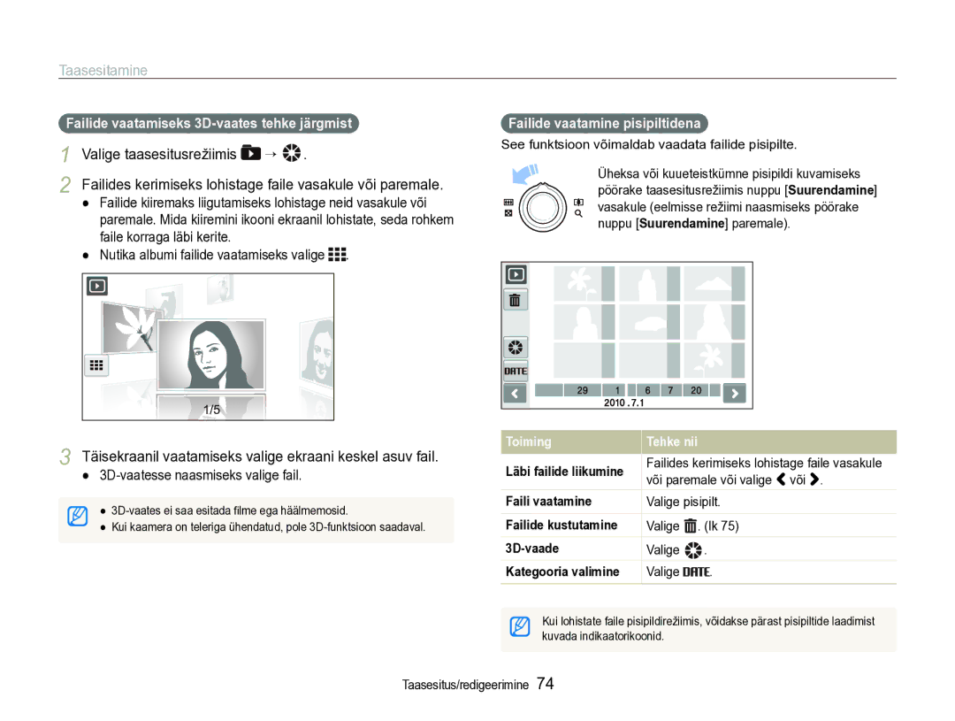 Samsung EC-ST600ZBPBE2 manual Täisekraanil vaatamiseks valige ekraani keskel asuv fail, Failide vaatamine pisipiltidena 