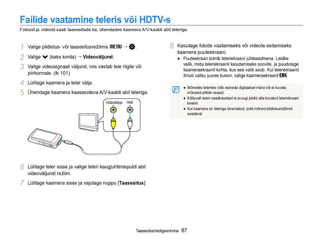 Samsung EC-ST600ZBPBE2 manual Failide vaatamine teleris või HDTV-s, Lülitage kaamera ja teler välja 