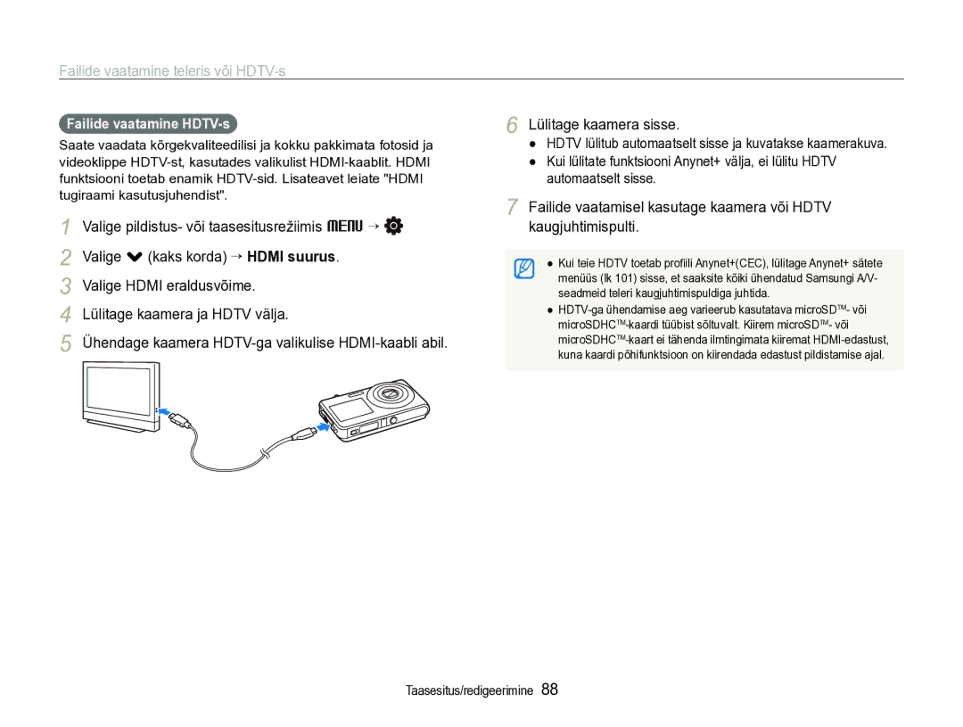 Samsung EC-ST600ZBPBE2 manual Failide vaatamine teleris või HDTV-s, Failide vaatamine HDTV-s 