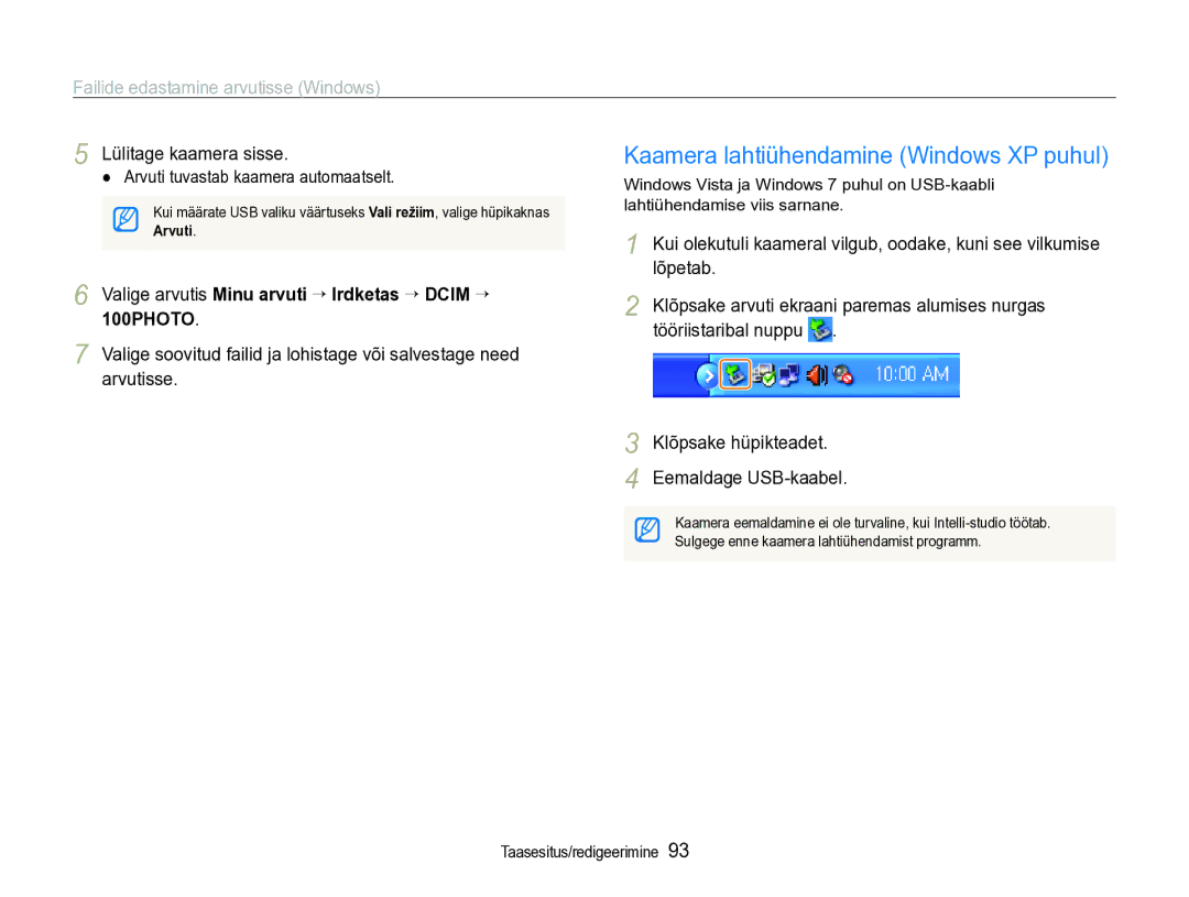 Samsung EC-ST600ZBPBE2 Kaamera lahtiühendamine Windows XP puhul, Valige arvutis Minu arvuti ““Irdketas ““DCIM ““ 100PHOTO 