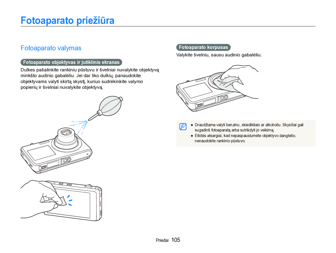 Samsung EC-ST600ZBPBE2 manual Fotoaparato priežiūra, Fotoaparato valymas, Fotoaparato objektyvas ir jutiklinis ekranas 