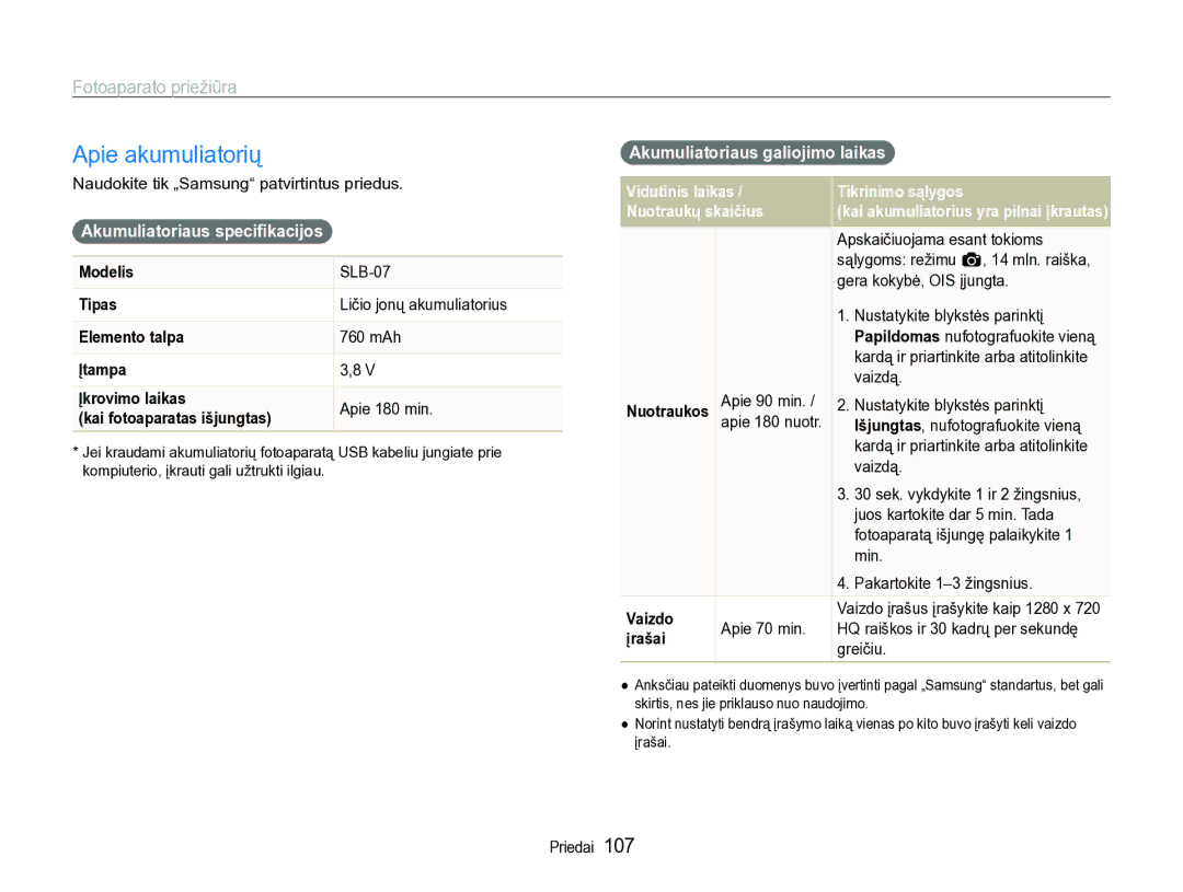 Samsung EC-ST600ZBPBE2 manual Apie akumuliatorių, Akumuliatoriaus speciﬁkacijos, Akumuliatoriaus galiojimo laikas 