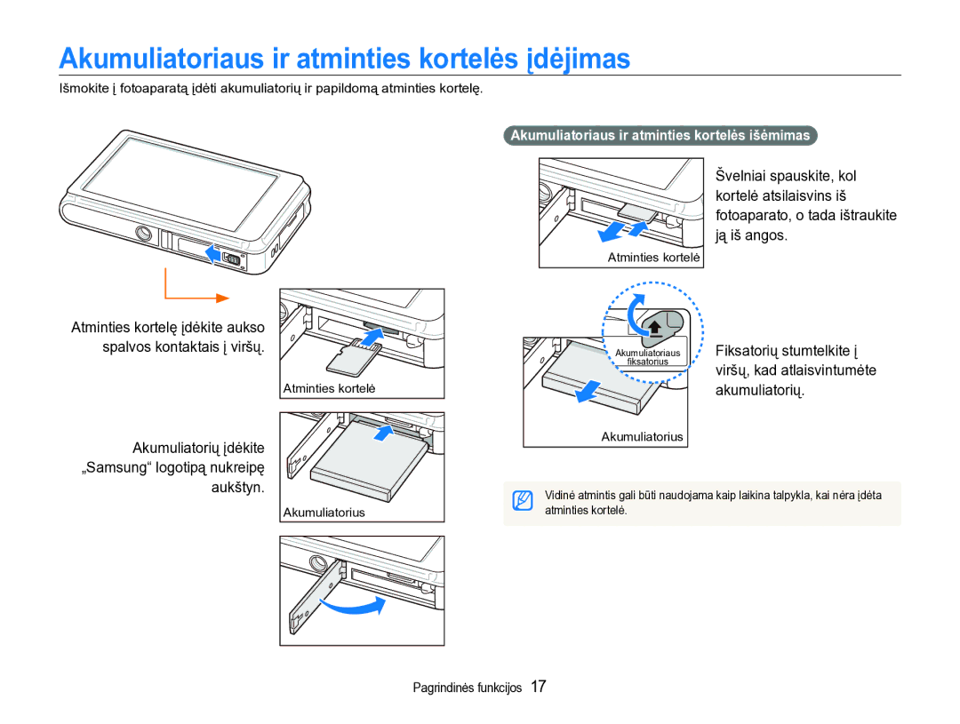 Samsung EC-ST600ZBPBE2 manual Akumuliatoriaus ir atminties kortelės įdėjimas, Aukštyn 