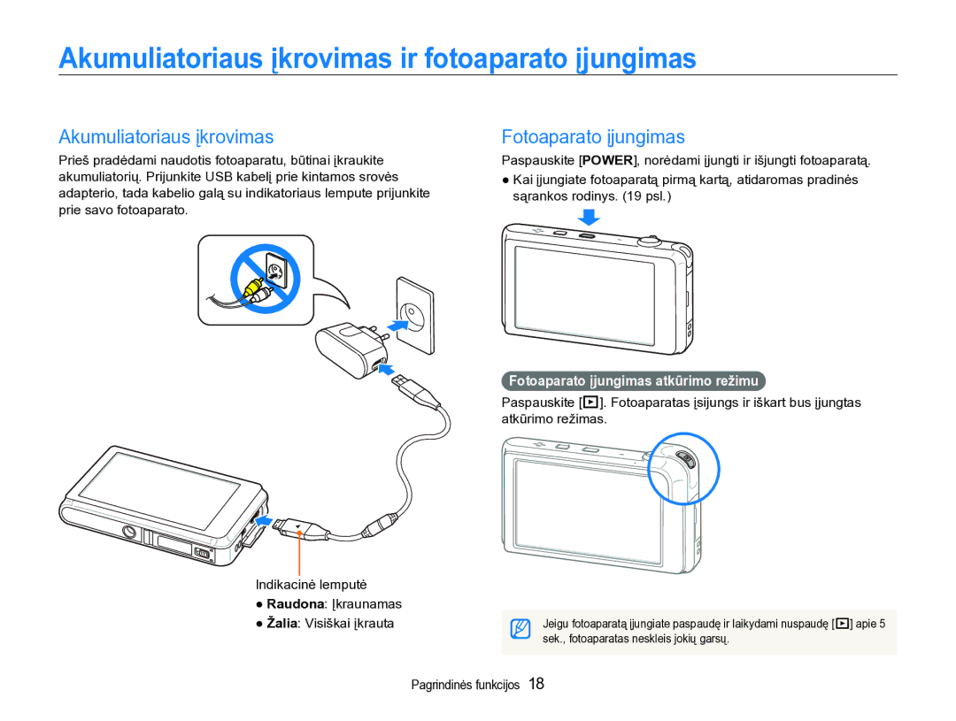 Samsung EC-ST600ZBPBE2 manual Akumuliatoriaus įkrovimas ir fotoaparato įjungimas, Fotoaparato įjungimas 