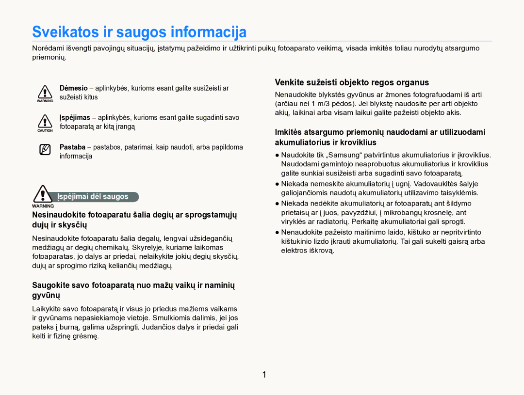 Samsung EC-ST600ZBPBE2 manual Sveikatos ir saugos informacija, Įspėjimai dėl saugos 